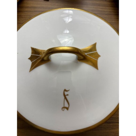 Vintage Bavarian Porcelain Serving Dish With Lid & Gold Handles Monogrammed With - Picture 3 of 3
